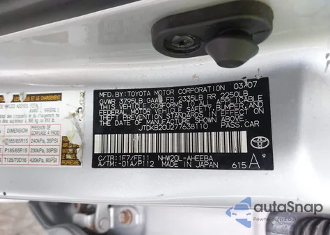 2007 Toyota Prius from USA, damaged, VIN JTDKB20U277638110